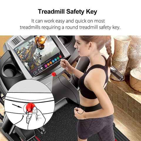 Woman using treadmill with Red Magnetic Treadmill Safety Key, Universal Round Key Replacement for Most Treadmills, Quick Magnetic Emergency Stop.