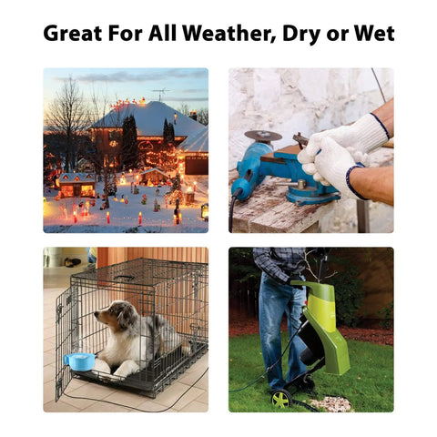 Collage showing uses for 4 Pack Extension Cord Protective Cover Set Black Capsule Shaped Water Resistant Holders