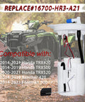 Honda Fuel Pump Assembly 16700 HR3 A21 displayed with a compatible ATV in the background for TRX420 TRX500 TRX520 Foreman 500 Rancher 420 models 2014-2021.