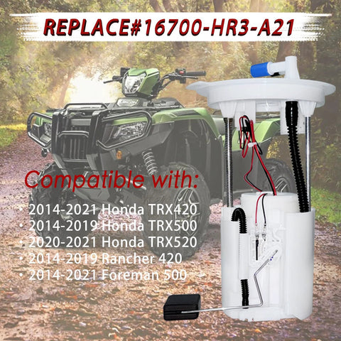Honda Fuel Pump Assembly 16700 HR3 A21 displayed with a compatible ATV in the background for TRX420 TRX500 TRX520 Foreman 500 Rancher 420 models 2014-2021.