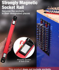 Deadset Reliable Magnetic Socket Organizer Slick Push Button Sliding Rail For Super Tight Toolbox Storage Quick Add Remove Clips Rapid Swap Three Eighths Drive Ratchet Tools, red magnetic socket rail with strong suction.