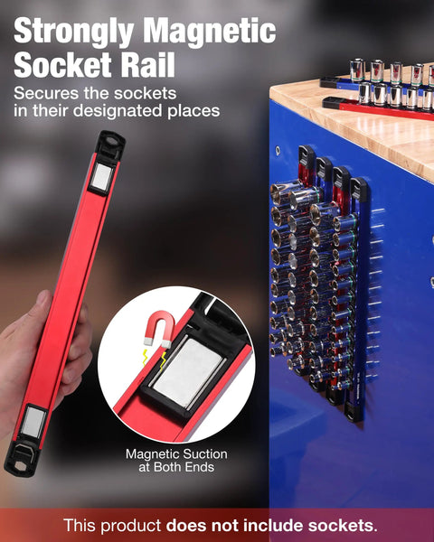 Deadset Reliable Magnetic Socket Organizer Slick Push Button Sliding Rail For Super Tight Toolbox Storage Quick Add Remove Clips Rapid Swap Three Eighths Drive Ratchet Tools, red magnetic socket rail with strong suction.
