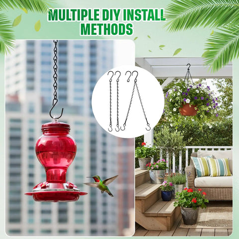 Two Pack Heavy Duty Hanging Chains For Bird Feeders Planters Lanterns And Ornaments Black Nine Point Five Inch Supports Up To Twenty Lbs Adjustable Hook To Shorten Or Extend No Fuss Install And Remove For A Flexible Do It Yourself Setup displayed with bird feeder and plant setup
