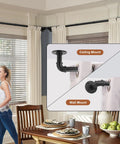 Living room with Beefy Black Curtain Rods For Windows 66 To 120 Inches, showing ceiling and wall mount options