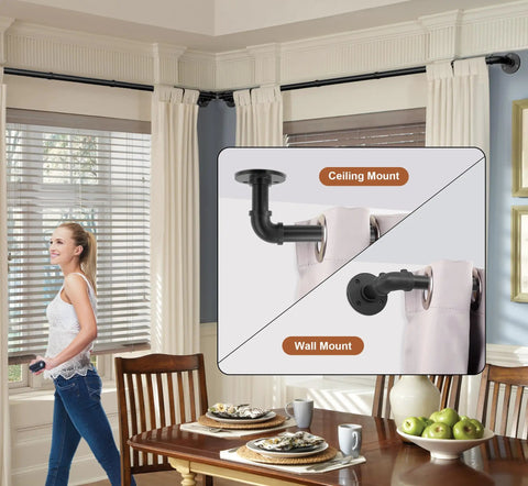 Living room with Beefy Black Curtain Rods For Windows 66 To 120 Inches, showing ceiling and wall mount options