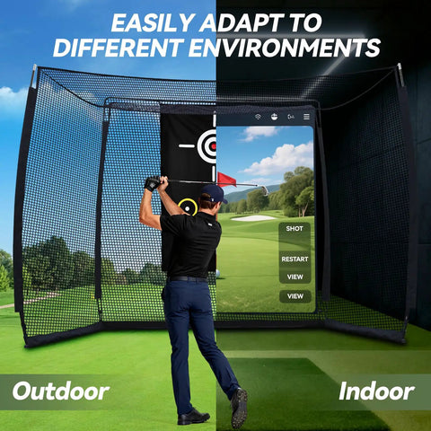 Golfer using Golf Practice Hitting Net With HD Simulator Screen And Target Cloth 10x8 Ft Pro Grade Golf Driving Net Indoor Outdoor