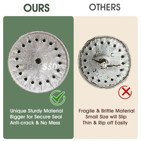 Comparison of aluminum foil lids for reusable Nespresso Vertuoline pods, showing sturdy material against fragile competition