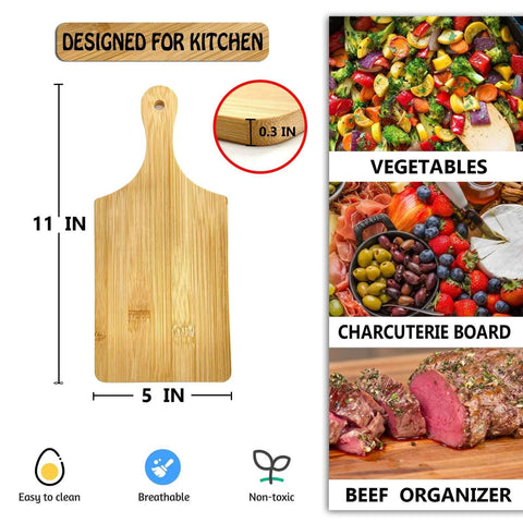 Front view of bamboo mini charcuterie board with handle; 11x5 in, 0.3 in thick, unfinished wood