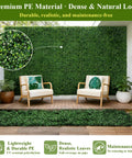 28 Pack Artificial Grass Wall Panels 10x10 Inch Faux Boxwood Privacy Screen UV Resistant installed on a patio wall with chairs
