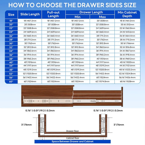 Chart showing dimensions for Beefy Heavy Duty Locking Drawer Slides with 390 lb load capacity, detailing slide, pull-out, and drawer lengths.
