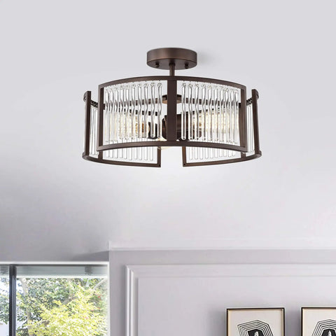 Frey 3 Light Oil Rubbed Bronze Semi Flush Ceiling Fixture With Glass Crystals And Crystal Downlight Transitional Modern Style 16 Inch Wide Hardwired Indoor Lighting shown in a living room setting.