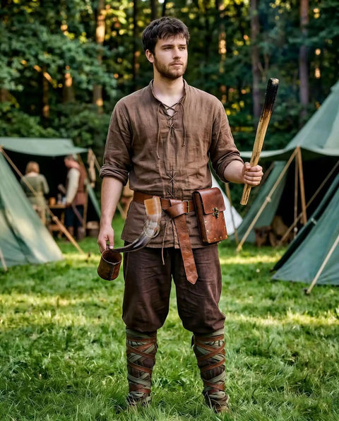 Young man in brown clothes holding a torch stands near tents, showcasing a rustic steampunk style ideal for festivals or cosplay.
