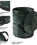 Pop Up 29.5 Gallon Outdoor Trash Can Collapsible with zipper lid and carrying handles, shown open and folded