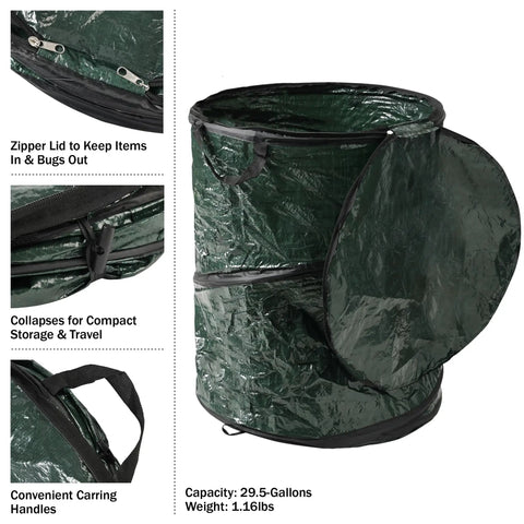 Pop Up 29.5 Gallon Outdoor Trash Can Collapsible with zipper lid and carrying handles, shown open and folded