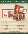 3D Puzzle For Adults Dope Dream Factory Gift Kit with Wooden Model DIY Dollhouse Scene, assembled dimensions displayed