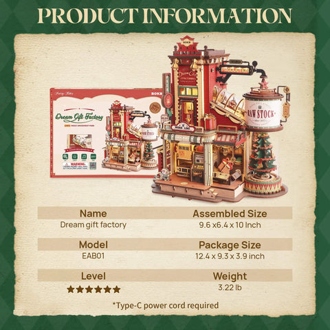 3D Puzzle For Adults Dope Dream Factory Gift Kit with Wooden Model DIY Dollhouse Scene, assembled dimensions displayed