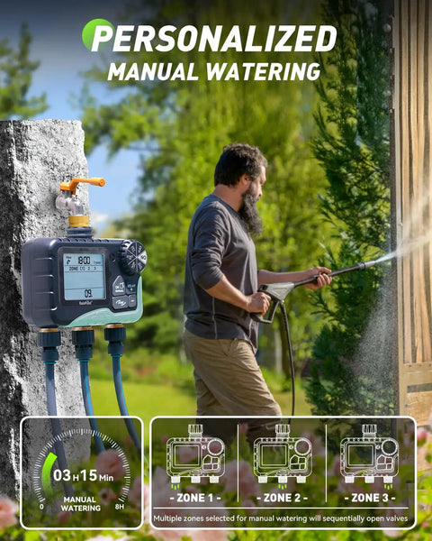 Man using Three Zone Lawn Water Timer With Brass Inlet And Outlet, Independent Scheduling For Each Zone, IP65 Waterproof Sprinkler Timer