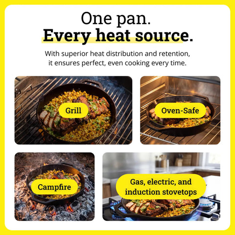 Cast Iron Dual Handle Skillet 12 Inch Preseasoned Black with Even Heat Distribution and Secure Grip Handles, used on various heat sources