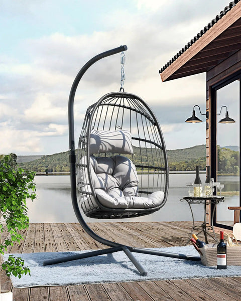 Egg Swing Chair with Stand for Outdoor or Indoor Use, Light Gray Cushion on Patio with Lake View