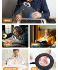 10X Lighted Magnifying Glass With LED Clip On Reading Lamp For Desk Bed And Nail Art showing uses in work, craft, read, jewelry, nail