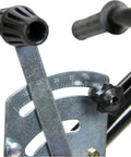 Close-up of Heavy Duty 70 Pound Turf Broadcast Spreader adjustment lever and metal frame detail