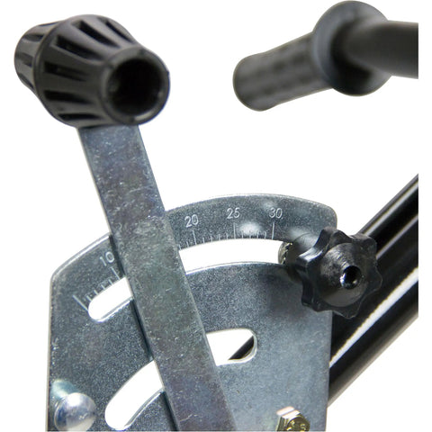 Close-up of Heavy Duty 70 Pound Turf Broadcast Spreader adjustment lever and metal frame detail
