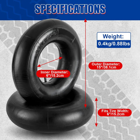 Heavy Duty 15x6.00-6 Inner Tubes With TR-13 Straight Valve Stem, Pair, showing size specifications and weight on graphic background
