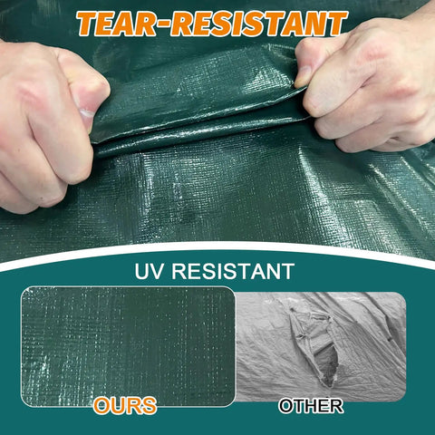 16 Mil Heavy Duty Waterproof Tarp 10 By 10 Feet For Outdoor Use Large Multipurpose Protective Cover With Reinforced Edges And Rustproof Grommets, showing tear resistance, green