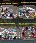 2 In 1 Dinosaur Mech Building Kit With 422 Pieces showing rotating head, movable mouth, swinging flamethrower, and adjustable feet.