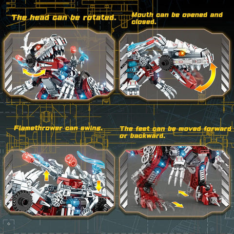 2 In 1 Dinosaur Mech Building Kit With 422 Pieces showing rotating head, movable mouth, swinging flamethrower, and adjustable feet.