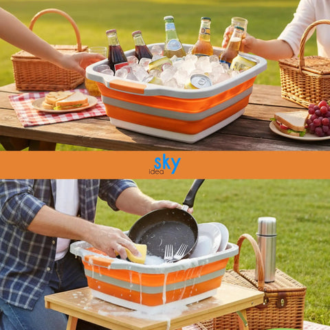 Collapsible BBQ Prep Tub With Lid XL 4.22 Gal Folding Cutting Board And Food Basin used as ice bucket and dishwashing station