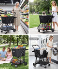 Collage showing heavy duty grocery cart on wheels with seven inch dual bearing rubber wheels and 360 degree swivel brakes in various uses.