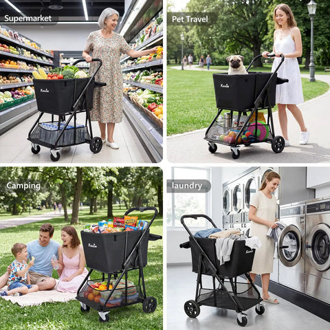 Collage showing heavy duty grocery cart on wheels with seven inch dual bearing rubber wheels and 360 degree swivel brakes in various uses.