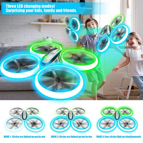 Kids Drone With Altitude Hold And Headless Mode Quad Copter With Neon Blue And Green Lights in living room with children playing