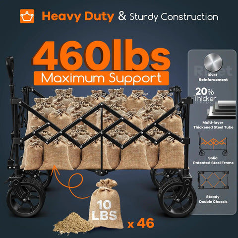 Heavy Duty Collapsible Wagon Cart With 220L Capacity And 460Lb Load, Foldable Beach Wagon On All Terrain Wheels loaded with sacks
