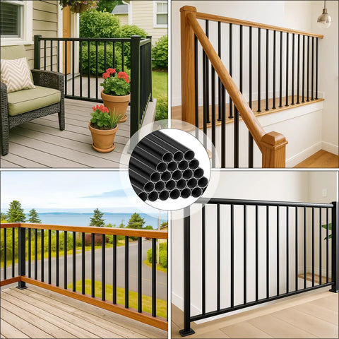 36 Inch Hollow Round Aluminum Deck Balusters Black Powder Coated For Weather Resistant Outdoor Railing Spindles on deck and stairs
