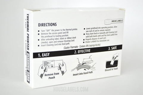 Box instructions for Thermal Printer Cleaning Cards For Print Heads 2.1 By 3.425 Inches Each Card Is Individually Wrapped To Stay Fresh