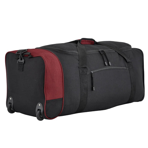 Travelers Club 32-inch expandable rolling duffel bag, black with red side panels, on wheels