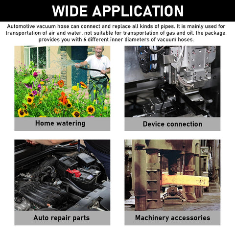 Wide application of Six Piece Five Foot Silicone Vacuum Hose Kit for cars including home watering, device, auto, machinery use.