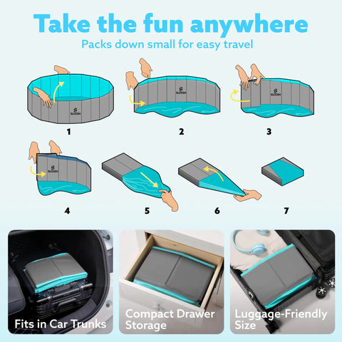 Instructions showing how to fold the Foldable Dog Pool Portable Hard Plastic Kiddie Bath Tub For Pets And Kids for compact storage