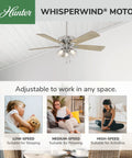 Big 52 Inch Indoor Ceiling Fan With LED Lights And Pull Chain Standard Mount, shown with WhisperWind motor in a cozy room setting.