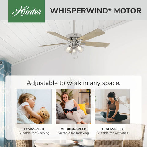 Big 52 Inch Indoor Ceiling Fan With LED Lights And Pull Chain Standard Mount, shown with WhisperWind motor in a cozy room setting.