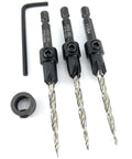 Number Eight Wood Countersink Drill Bit Pro Grade Three Piece Kit With Adjustable Depth Guide showing drill bits and hex wrench.