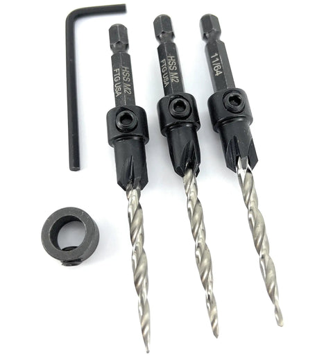 Number Eight Wood Countersink Drill Bit Pro Grade Three Piece Kit With Adjustable Depth Guide showing drill bits and hex wrench.