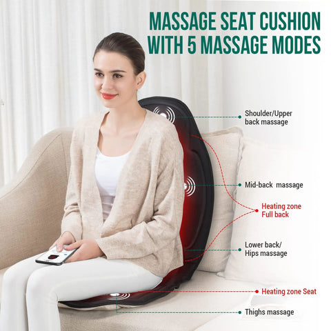 Woman using Go To Vibration Back Massager With Heat For Home Office showing massage zones on back