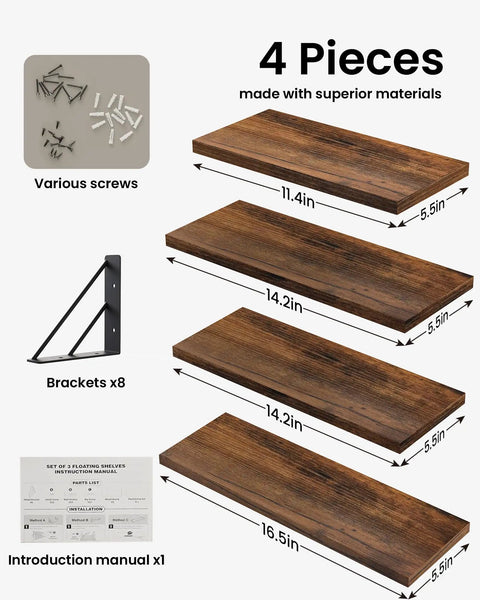 Rustic Wood Floating Wall Shelves Set Of Four Corner Shelves for easy setup with brackets, screws, and manual included