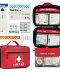 Front view: Rhino Rescue 240-piece first aid kit; red case with gauze, burn gel, ice pack, thermometer.