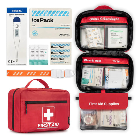 Front view: Rhino Rescue 240-piece first aid kit; red case with gauze, burn gel, ice pack, thermometer.