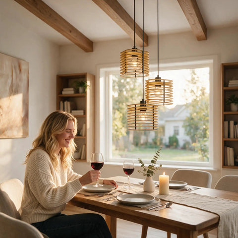 Woman enjoying wine at a table illuminated by milaruoro Farmhouse Pendant Light Fixture, 3 Light Black Wood Pendant Lighting.