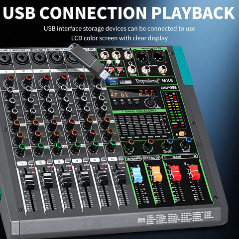 MX6 6 Channel USB Audio Mixer Dope Studio Console With 48V Phantom Power and 256 DSP Effects, close-up of control panel